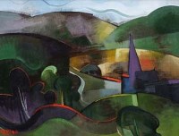 Lot 394 - Geoffrey Key, Hills with Church II, oil.