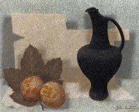 Lot 413 - John Armstrong, Still life with black jug and fruit, oil.