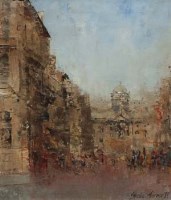 Lot 458 - Sheila Turner, Liverpool street scene, oil.