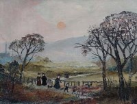 Lot 464 - Helen Bradley, Walking in the Rain, oil and two books (3).