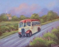 Lot 481 - James Downie, Bus on country lane, oil.