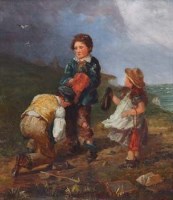 Lot 577 - English School, 19th century, Children on the shoreline, oil.