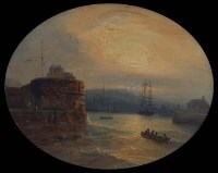 Lot 580 - Jean-Marie Jugelet (1805-1875), Harbour scene at sunset, oil.