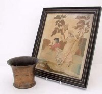 Lot 17 - 18th Century embroidered panel and a bronze
