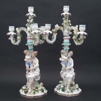 Lot 258 - Pair of Sitzendorf candelabra.