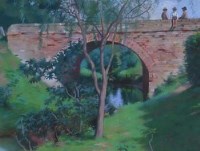 Lot 696 - Jeno Koszkol, Figures on a bridge, pastel.