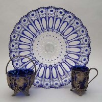 Lot 96 - Large blue cased glass stem dish and two EP and