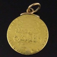 Lot 303 - George III gold guinea, worn, soldered mount