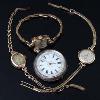 Lot 396 - Three 9ct gold lady's bracelet watches and a silver fob