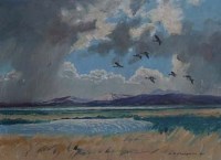 Lot 411 - Keith Shackleton, Pintails over the Menai Straits, oil