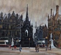 Lot 413 - Arthur Delaney, Albert Square with figures and trams, oil
