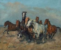 Lot 442 - Janus Viski, Galloping horses, oil