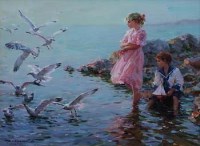 Lot 457 - Konstantin Razomov, Children with Seagulls, oil