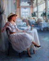 Lot 458 - Konstantin Razumov, Seated Lady at the Hotel Couberg, oil