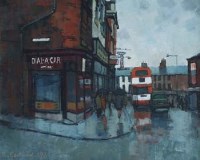 Lot 484 - Roger Eastwood, Street scene with figures, oil