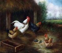 Lot 488 - R. Horton, Chickens in a farmyard, oil