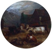 Lot 597 - W.R.B. Shaw, Farmyard scene with cattle and pigs, oil