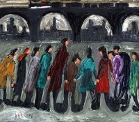 Lot 448 - Albert Barlow, Figure group with viaduct beyond, oil