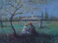 Lot 506 - Marc Grimshaw, Continental rural scene with figures, pastel