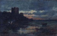 Lot 555 - Sam Bough, Coastal view with castle and figures gathered by a fire, oil