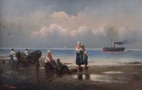 Lot 560 - A. Vescovi, 19th century, Figures on the seashore, oil on canvas