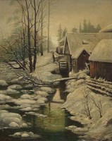 Lot 575 - H. Church, Winter scenes with watermill and woodland, oil (2)