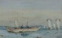 Lot 615 - C.B., 19th century, Japanese harbour, watercolour