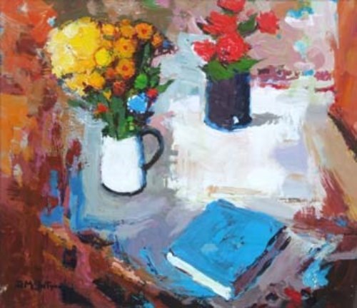 Lot 57 - Donald McIntyre, Flowers in White Jug, acrylic