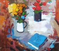 Lot 57 - Donald McIntyre, Flowers in White Jug, acrylic