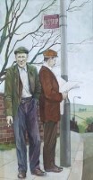 Lot 73 - John Atkinson, At The Bus Stop, gouache