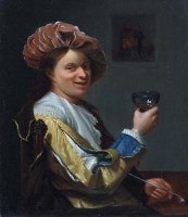 Lot 121 - Manner of Willem van Mieris, Seated gentleman with wine glass, oil