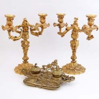 Lot 430 - Gilt candelabrum and a desk stand.