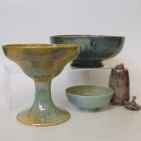 Lot 648 - 2 High Fired Ruskin Bowls, Bottle & Cover and