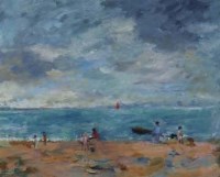 Lot 47 - Molly Bailey, Beach scene, N. Wales, oil
