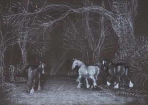 63 - C.F. Tunicliffe, Horses on a country lane, pastel
