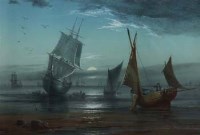 Lot 185 - Style of Alfred Herbert, Coastal view with various shipping, pencil over watercolour