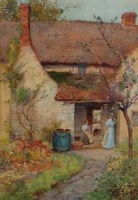 Lot 191 - Thomas Phillips, Cottage view with figures, watercolour