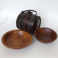 Lot 407 - Metal bound barrel and 2 wooden food bowls