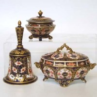 Lot 569 - Royal Crown Derby Bell, sucier and vase