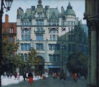 Lot 49 - Roger Eastwood, Town hall with figures outside, oil