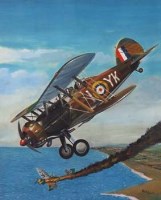 Lot 67 - Bell, 20th century, Fairey Swordfish shooting down a Stuka Junkers Ju 87 Dive Bomber, acrylic
