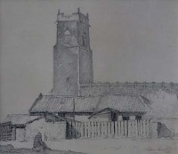 Lot 94 - Bertram Nicholls, Figure seated outside a church, pencil