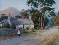 Lot 155 - Warren Williams, Figures outside cottage near Beddgelert, North Wales, watercolour