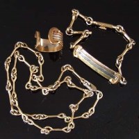Lot 208 - French Cartier 750 three-coloured gold bracelet, a similar necklace and a similar ring (3).