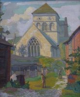 Lot 39 - J. Bateman, Church view with gardeners, oil