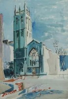 Lot 91 - Kenneth Green, Blitzed Church, watercolour and two others (3)