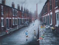 Lot 95 - Bernard McMullen, Children playing in the street, pastel