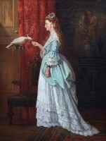 Lot 152 - Lois Mearns, Lady feeding cockatoo, oil