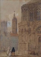 Lot 173 - John Mogford, Figures outside an abbey, watercolour
