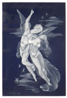 Lot 198 - Pate-sur-pate plaque signed D. Bowen dated 05, decorated with an angel and nude lady flying in the clouds with rejoicing figures in the background, with frame. The plaque is sealed up by the frame...